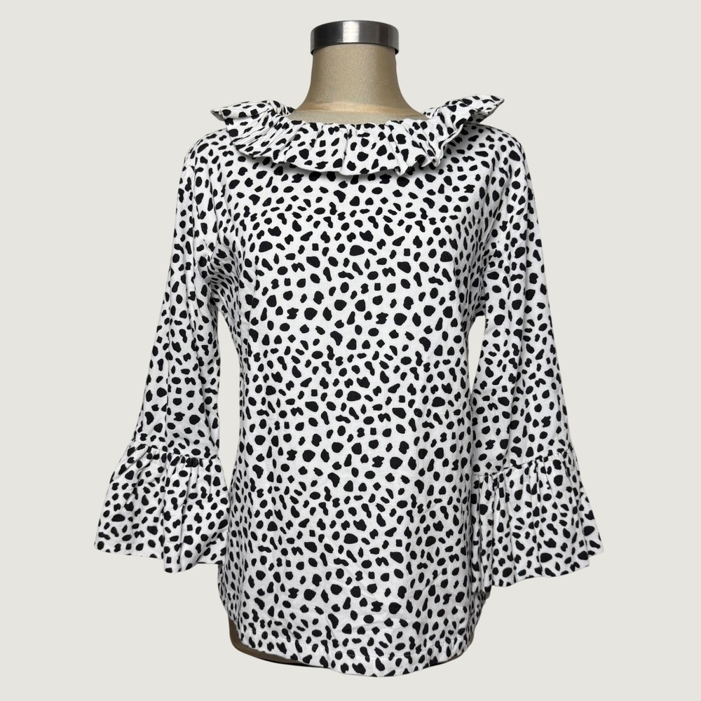 Elizabeth Wilson Black White Animal Print Ruffle Neck Blouse Large